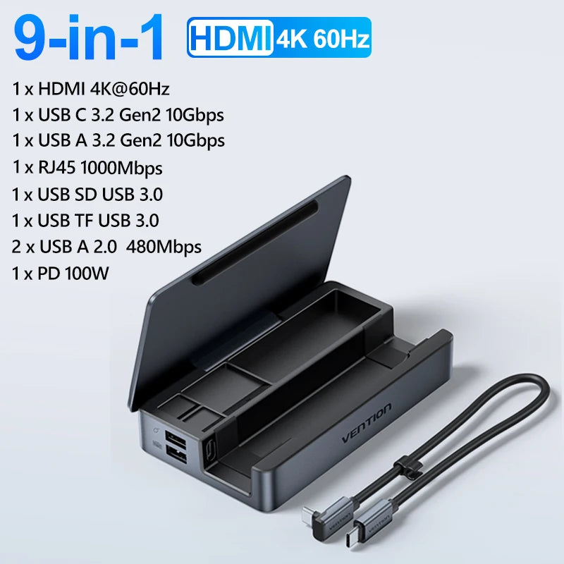 Vention USB‑C Dock for Steam Deck | 4K60Hz HDMI, USB 3.2 10Gbps, RJ45, SD/TF, Multi‑Device Gaming Hub