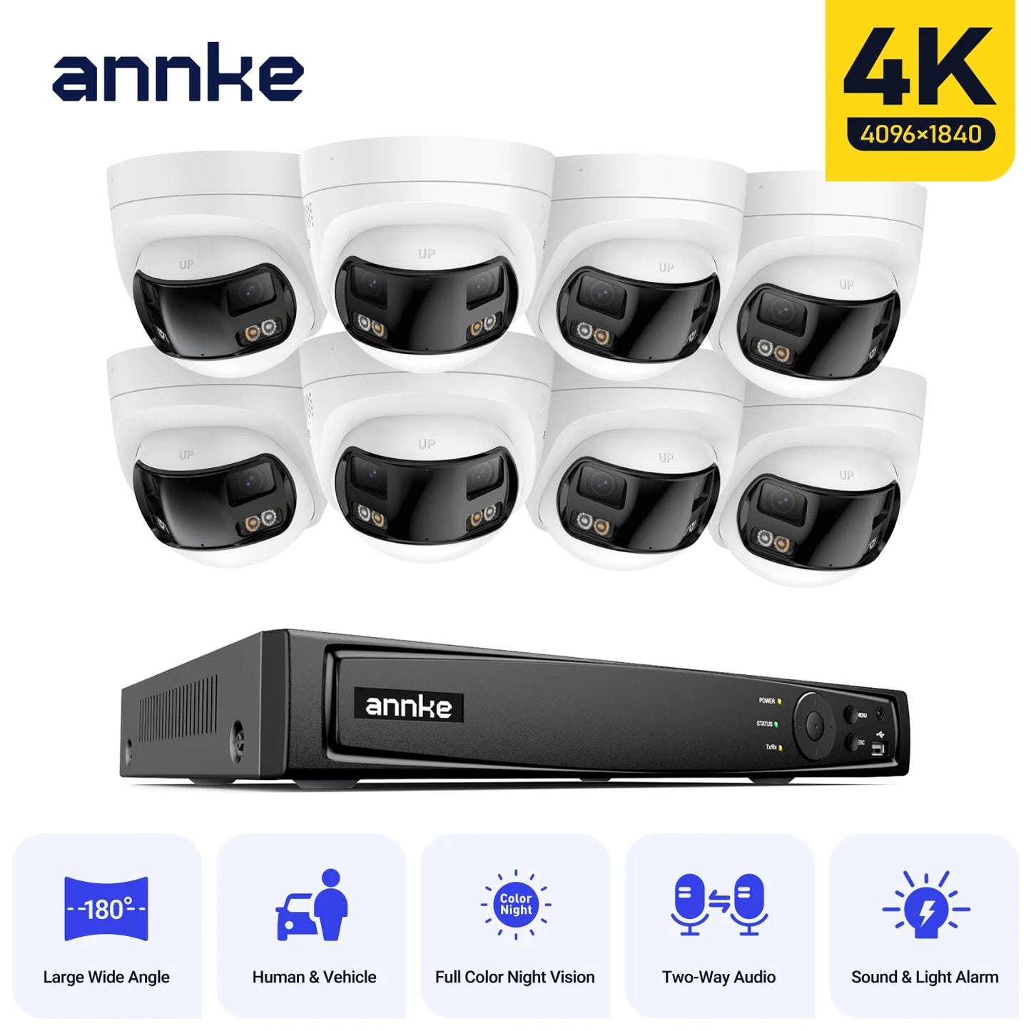 ANNKE 4K 8MP panoramski dvojni objektiv PoE sistem | 8-kanalni NVR, 180° pogled, IR nočni vid, 6MP kamere