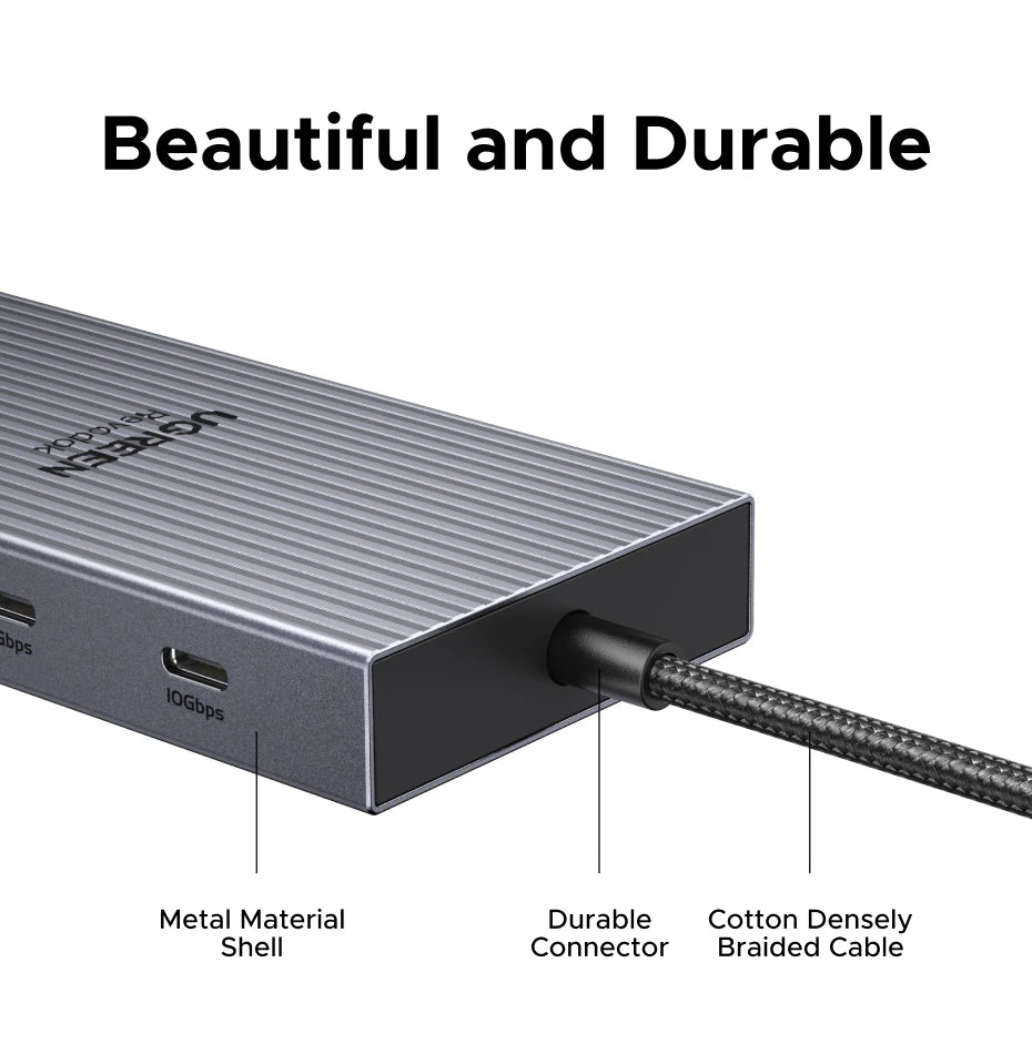 UGREEN 10‑v‑1 USB‑C zvezdišče s 4K120Hz DisplayPortom, dvojnim 4K60Hz HDMI, USB 3.2 Gen2 10Gbps