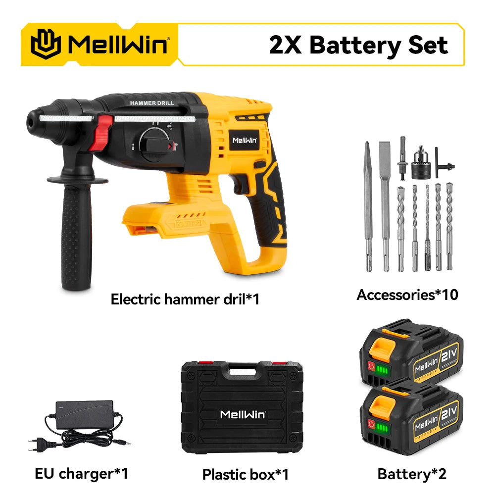 MELLWIN 26MM Brushless Electric Hammer Drill Cordless Household Rotary Impact Hammer Power Tool For Makita 18V Battery Pin - Limetastore