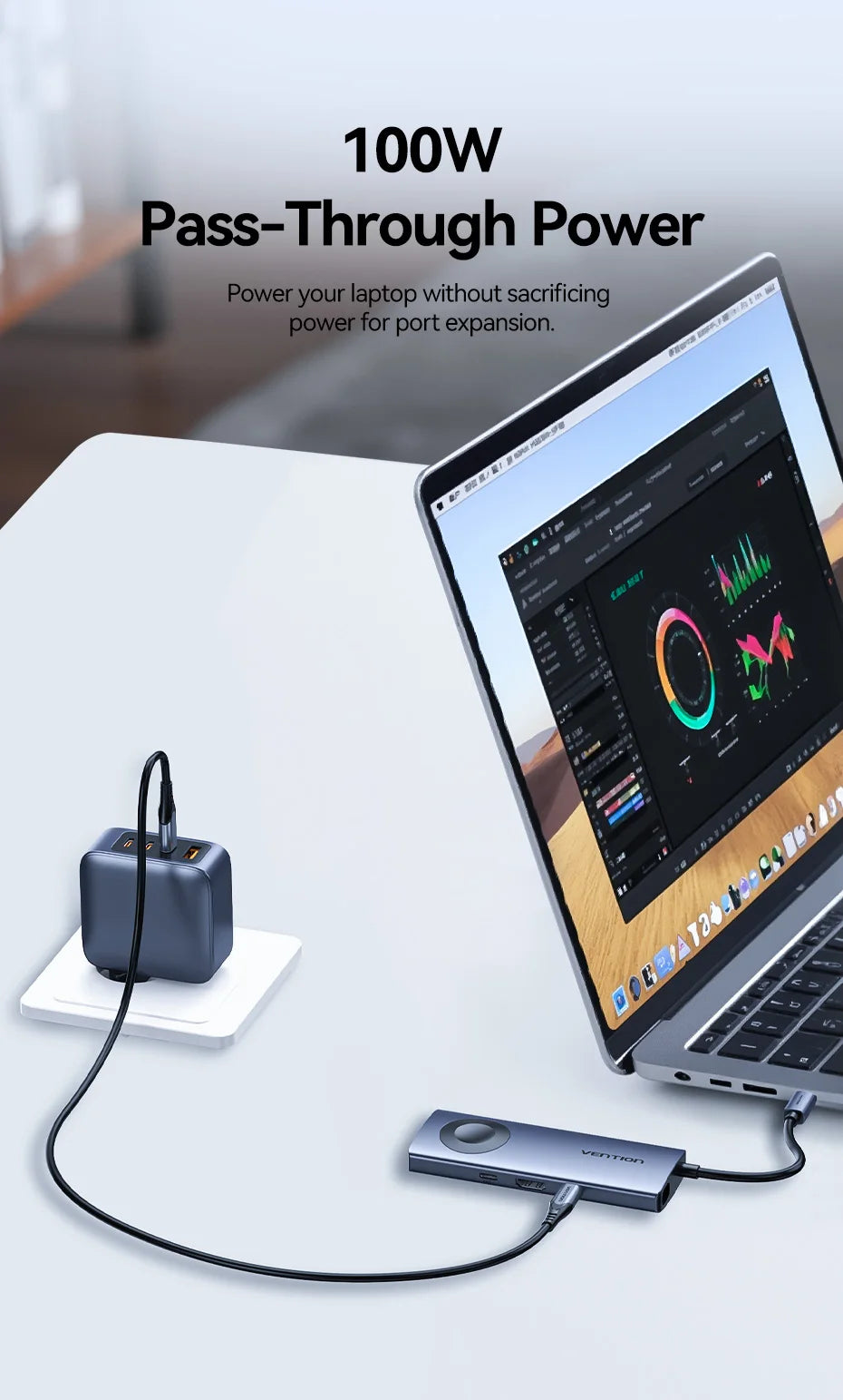 Vention USB-C zvezdišče 6-v-1 | HDMI 4K60Hz, PD 100W, USB 3.0, brezžični polnilnik za Apple Watch