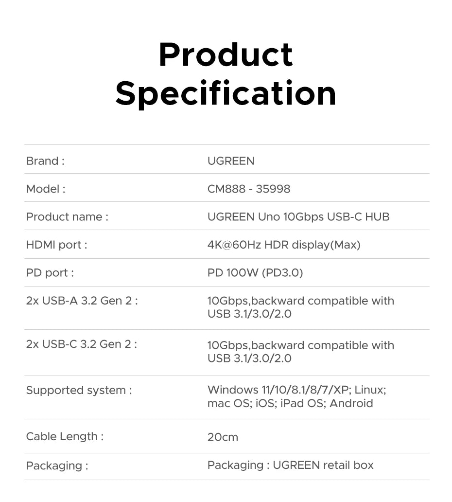 UGREEN Uno 6‑in‑1 USB‑C Hub with 4K60Hz HDMI, 10Gbps USB 3.2, PD100W