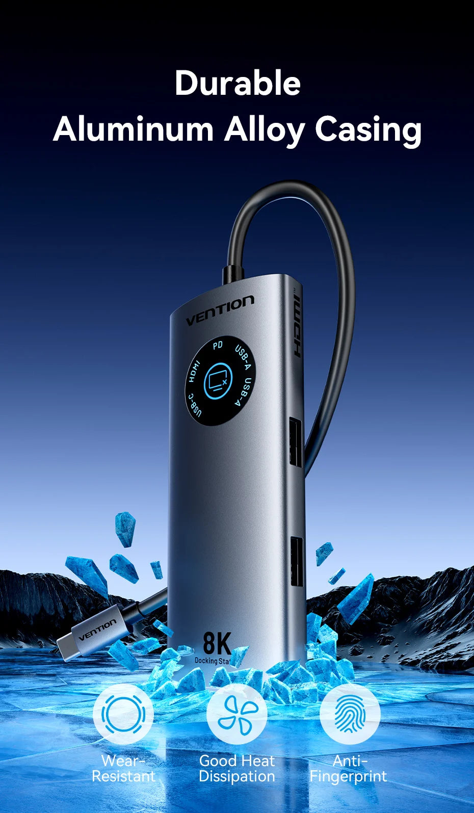 Vention vozlišče USB-C 8K/4K HDMI | LED-zaslon, USB-A/C 3.0, 3.2 Gen1, gigabitni ethernetni adapter