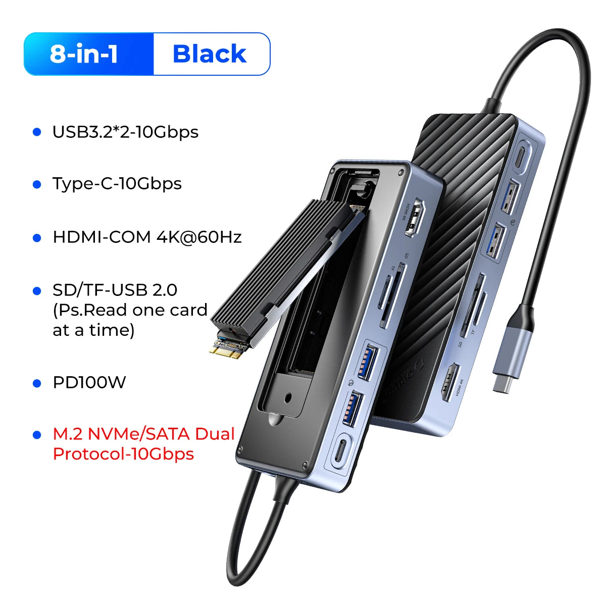 Priklopna postaja ORICO USB-C z ohišjem M.2 NVMe/SATA SSD (10 Gb/s), hladilni ventilator