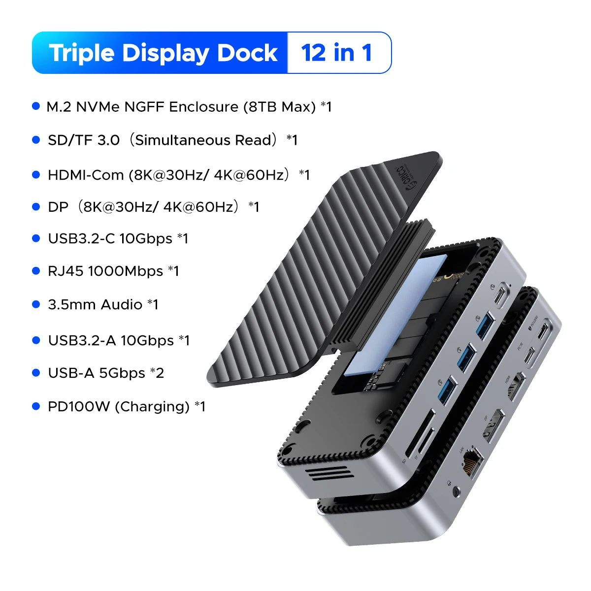 ORICO M2P11 USB‑C Display Hub with Cooling Fan, M.2 NVMe/SATA SSD Enclosure