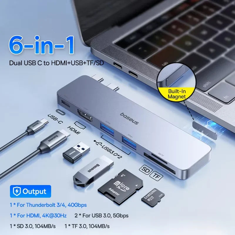 Dvojno USB-C zvezdišče Baseus | HDMI 4K@30Hz, Thunderbolt 3/4 40Gbps, USB 3.0, SD/TF