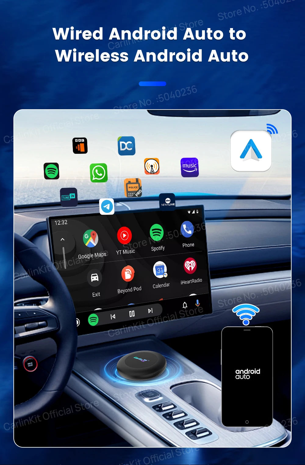 Brezžični CarPlay AI Box CarlinKit Android 15 SM6350 8+128 GB