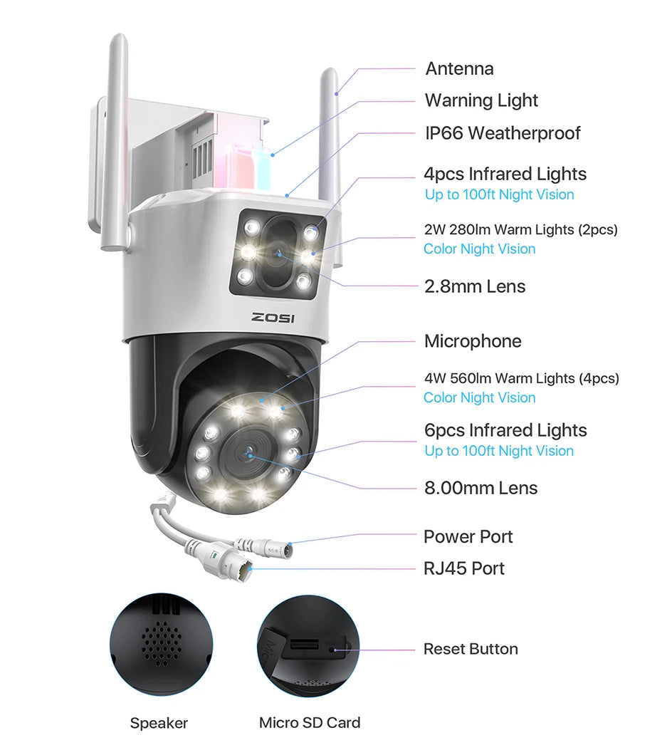 ZOSI C298 Max 4K 8MP Dual‑Lens PTZ Security Camera – 2×4MP Wide‑Angle Outdoor WiFi/Wired Surveillance Cam