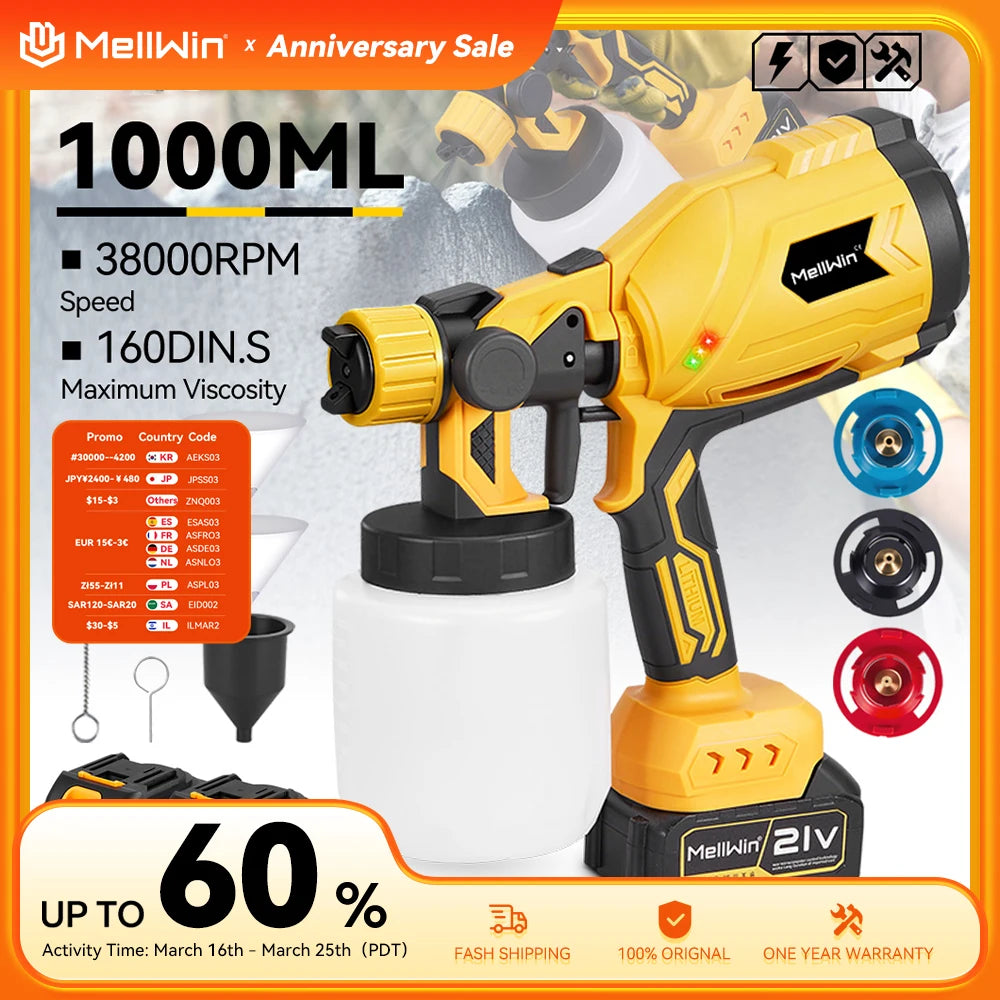 MELLWIN 1000ML Cordless Electric Paint Spray Gun Portable HVLP Paint Sprayer Car Furniture Sprayer For Makita 18V Battery Pin - Limetastore