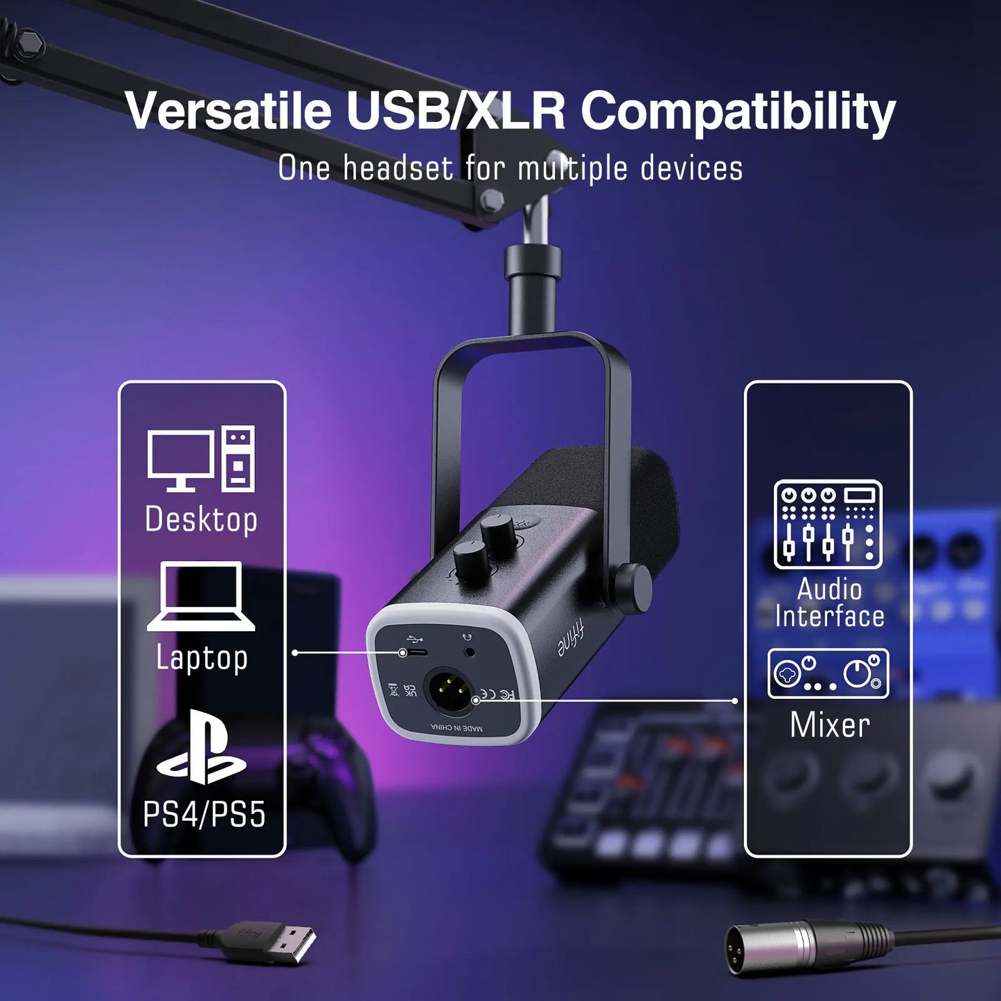 FIFINE AmpliGame AM8T USB/XLR komplet dinamičnega mikrofona z nosilno roko in RGB osvetlitvijo