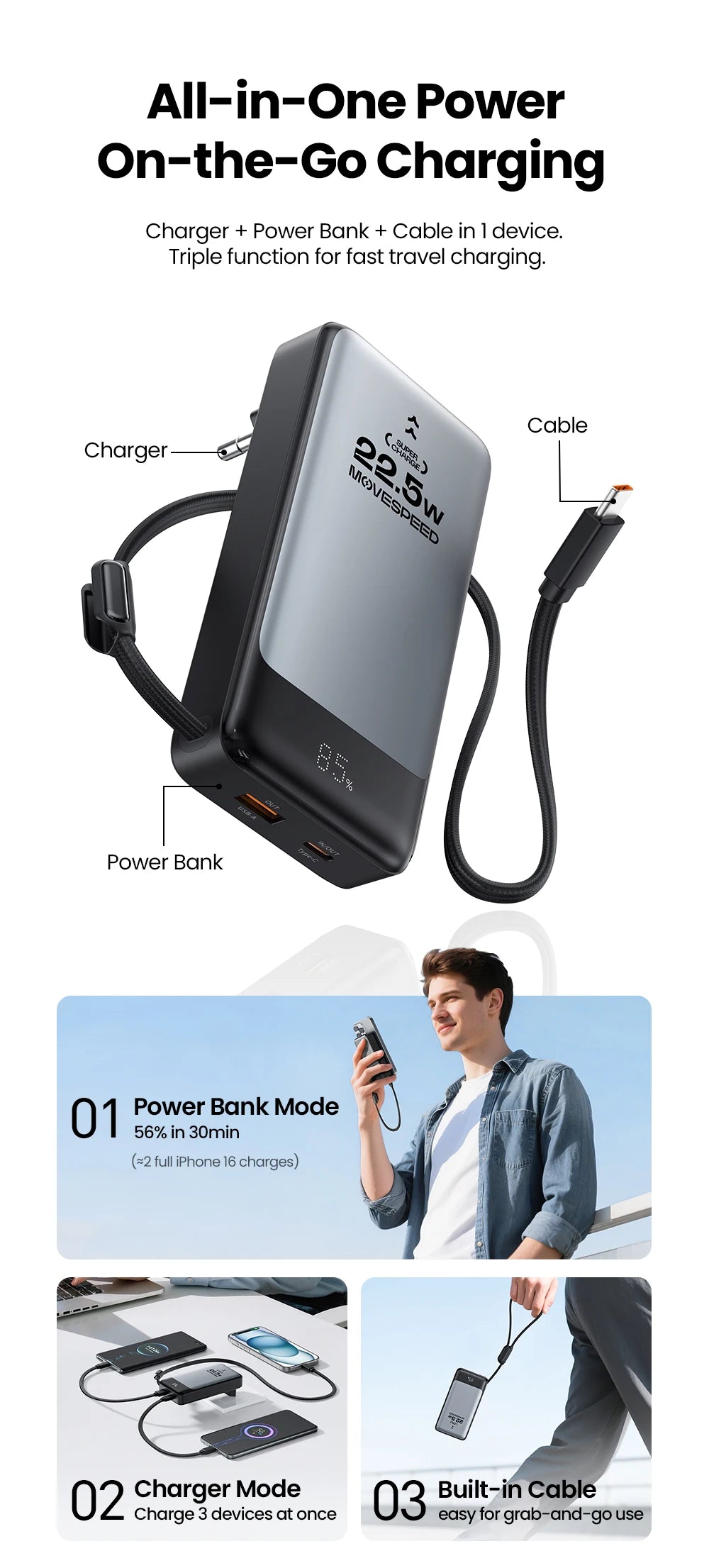MOVESPEED MSP17 prenosna baterija (power bank) 10000mAh 2-v-1 z zložljivim EU vtičem