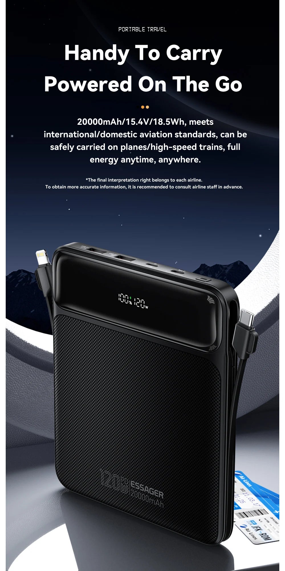 Essager 100W 20000mAh Power Bank – prenosna zunanja baterija s hitrim polnjenjem PD