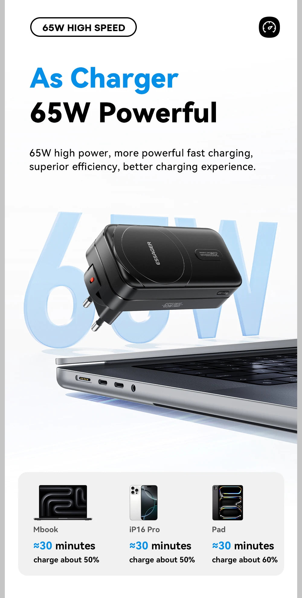 ESSAGER 3-v-1 magnetna 65W GaN polnilna baterija 5000 mAh