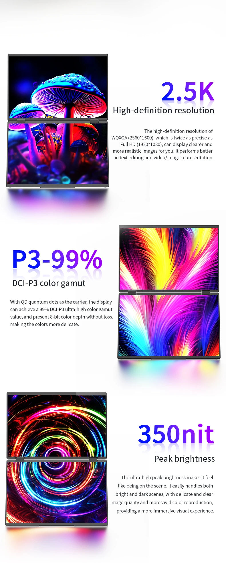 Sibolan 16 inch 2.5K Dual Screen Portable Monitor 2560*1600P 60Hz Foldable Extender USB-C HDMI Ports For Laptop Mac & Wins - Limetastore