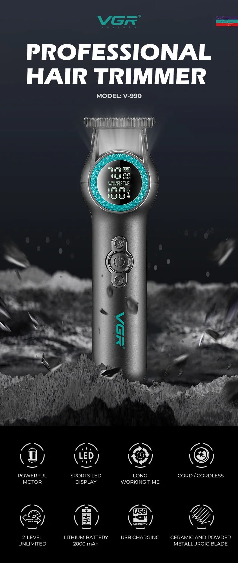VGR V-990 profesionalni strižnik las 8000 vrt/min 200 min Zero-Gap