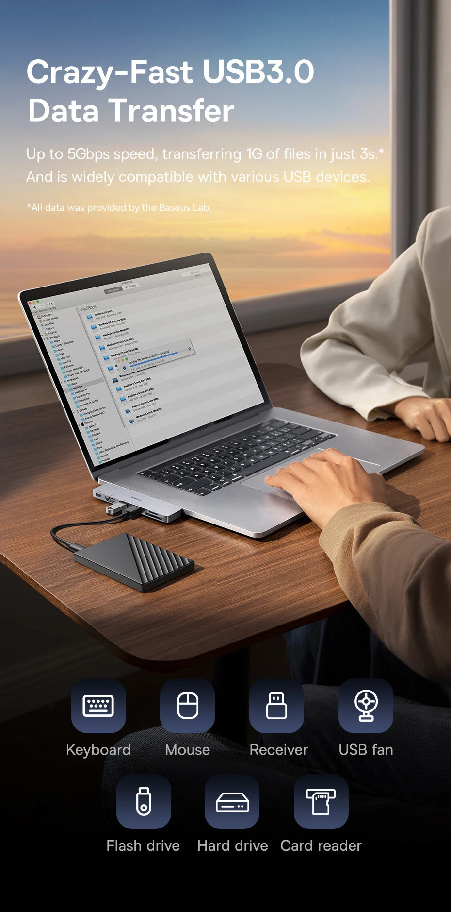 Dvojno USB-C zvezdišče Baseus | HDMI 4K@30Hz, Thunderbolt 3/4 40Gbps, USB 3.0, SD/TF