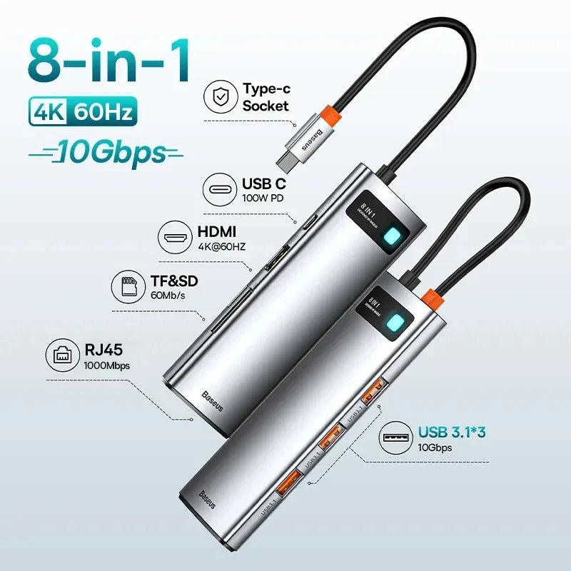 Baseus USB-C Hub | HDMI 4K, USB 3.1 10Gbps, RJ45 Ethernet, SD/TF priklopna postaja za MacBook