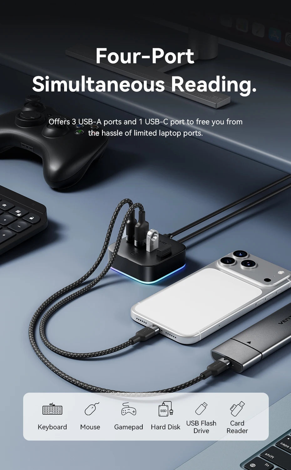 Vention USB 3.0 / USB-C 3.2 Gen1 RGB zvezdišče | 4-portni 5Gbps namizni razdelilnik za PC in prenosnik