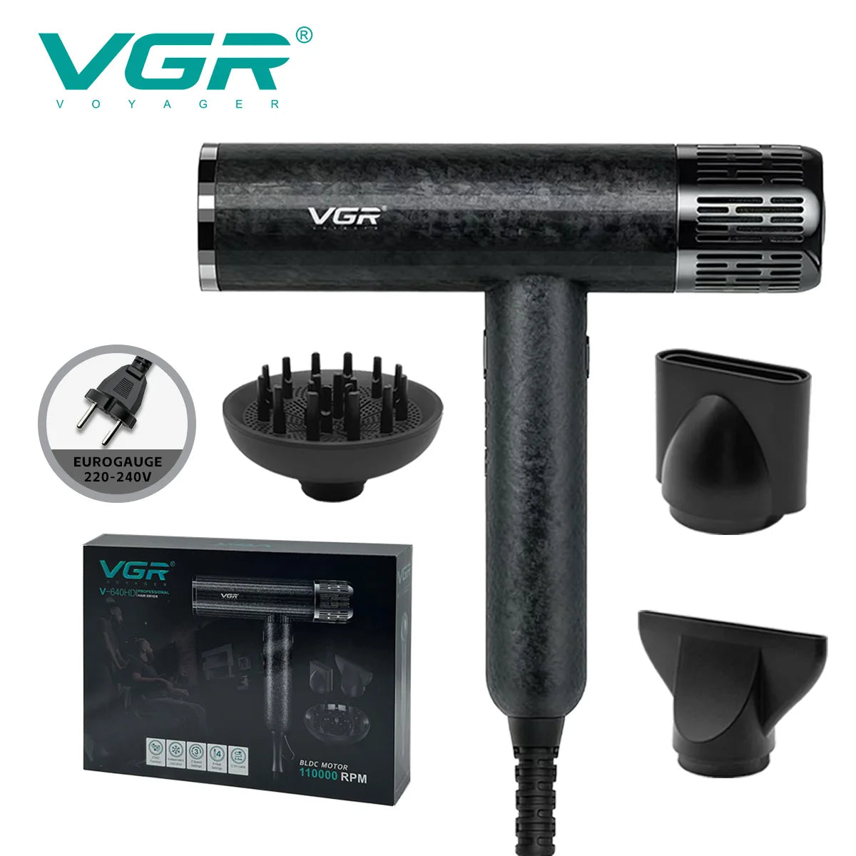 VGR V-640HD profesionalni sušilnik las – 110.000 vrt./min BLDC, 2400 W, negativni ioni