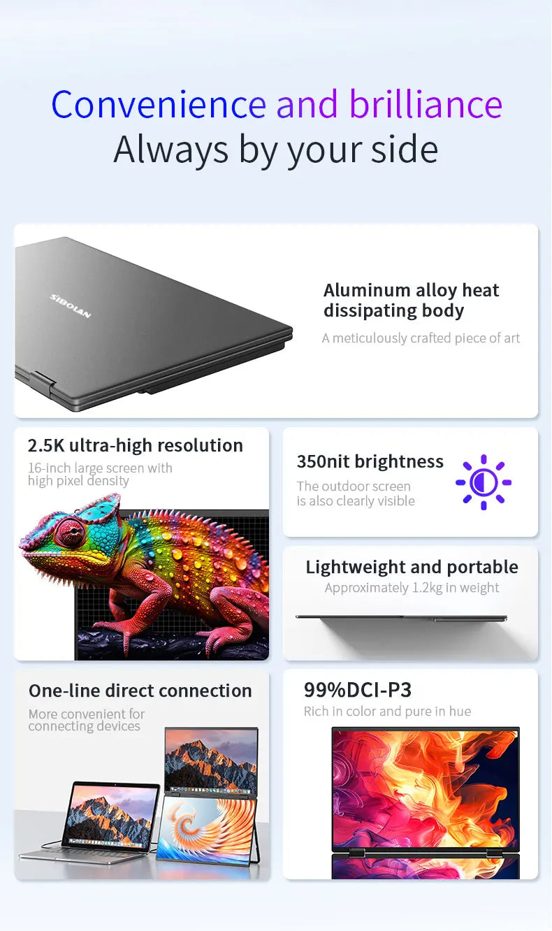 Sibolan 16 inch 2.5K Dual Screen Portable Monitor 2560*1600P 60Hz Foldable Extender USB-C HDMI Ports For Laptop Mac & Wins - Limetastore