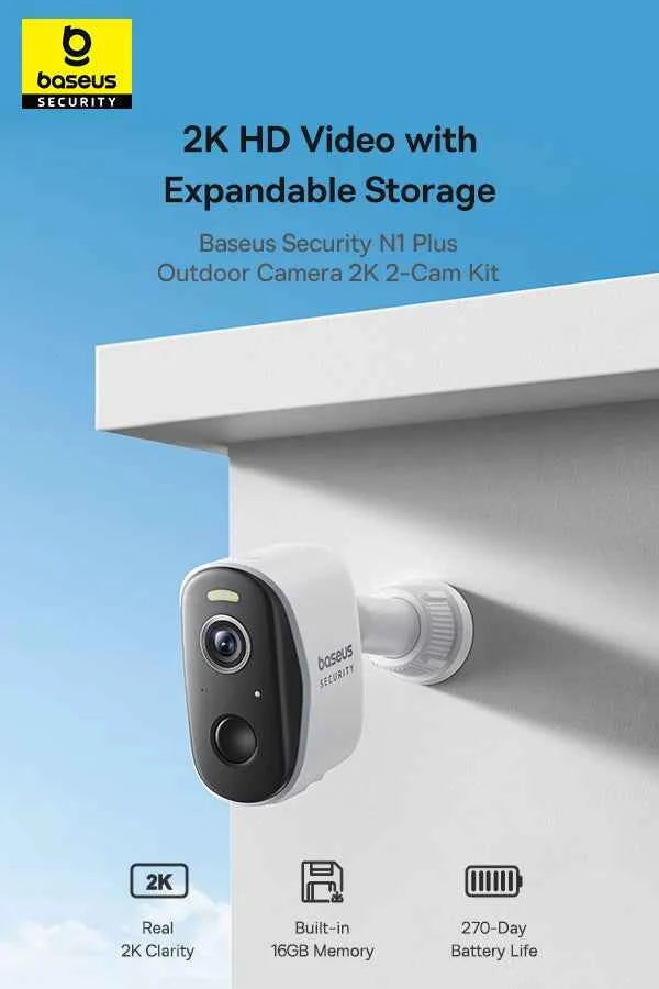 Baseus Security Protection N1 Plus 2K Outdoor Camera Wireless Home Camera Night Vision Color and Alarm 16TB Expandable 2-Cam Kit - Limetastore