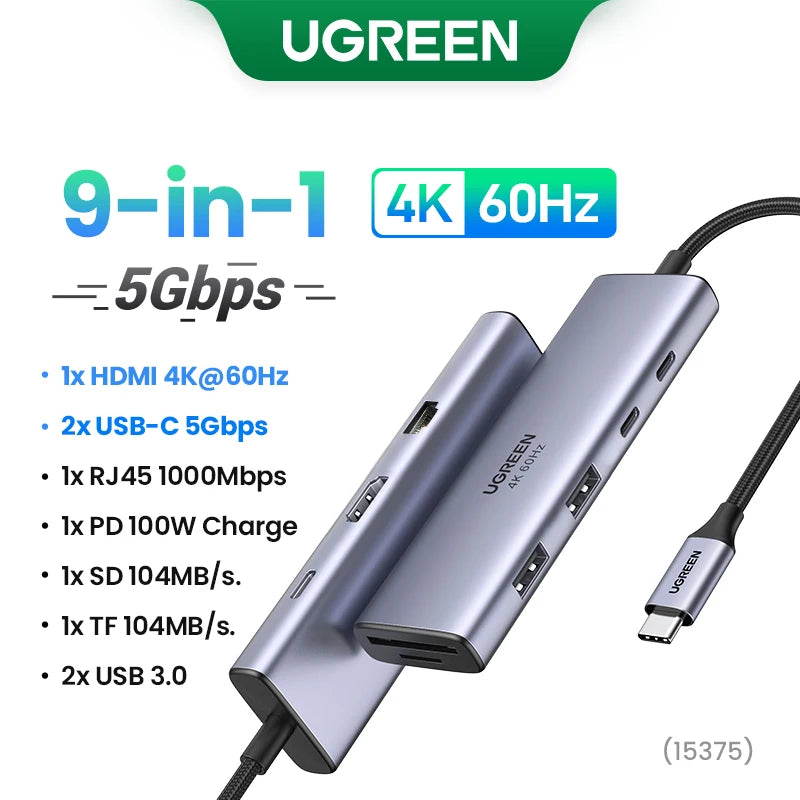 UGREEN 10-v-1 dvojni HDMI USB-C hub z izhodom 8K in 4K, gigabitnim Ethernetom, USB 3.0, PD100W