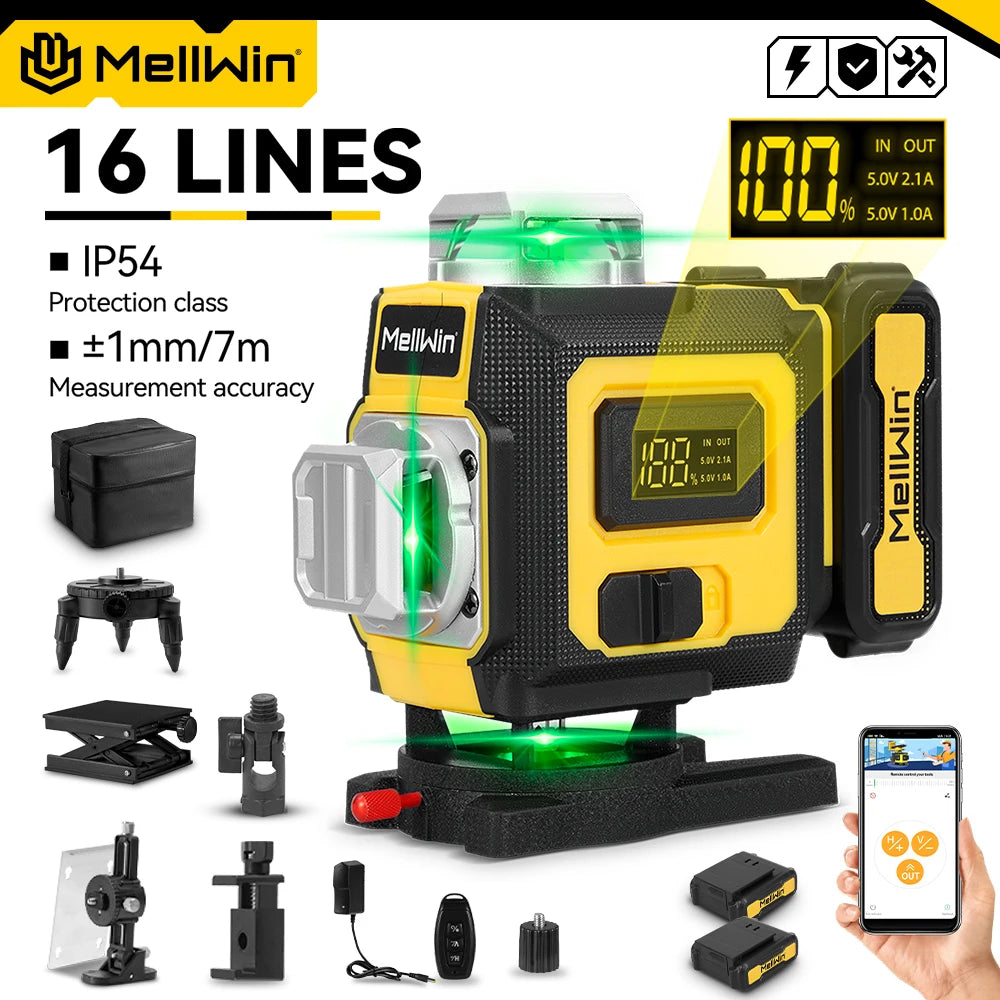 MELLWIN 16 Lines Laser Level APP Remote Control Selfleveling 360 Horizontal & Vertical Laser level With 6Ah Big Li-ion Battery - Limetastore