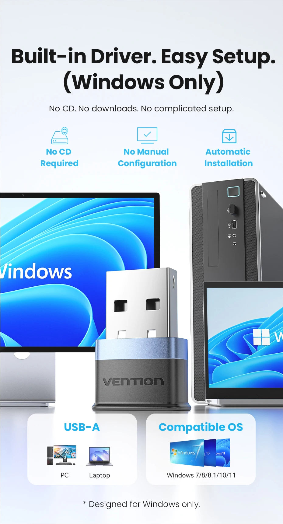 Vention WiFi 6 AX900 USB adapter | Dvopasovni 2,4/5 GHz brezžični ključek za osebni računalnik in prenosnik z operacijskim sistemom Windows