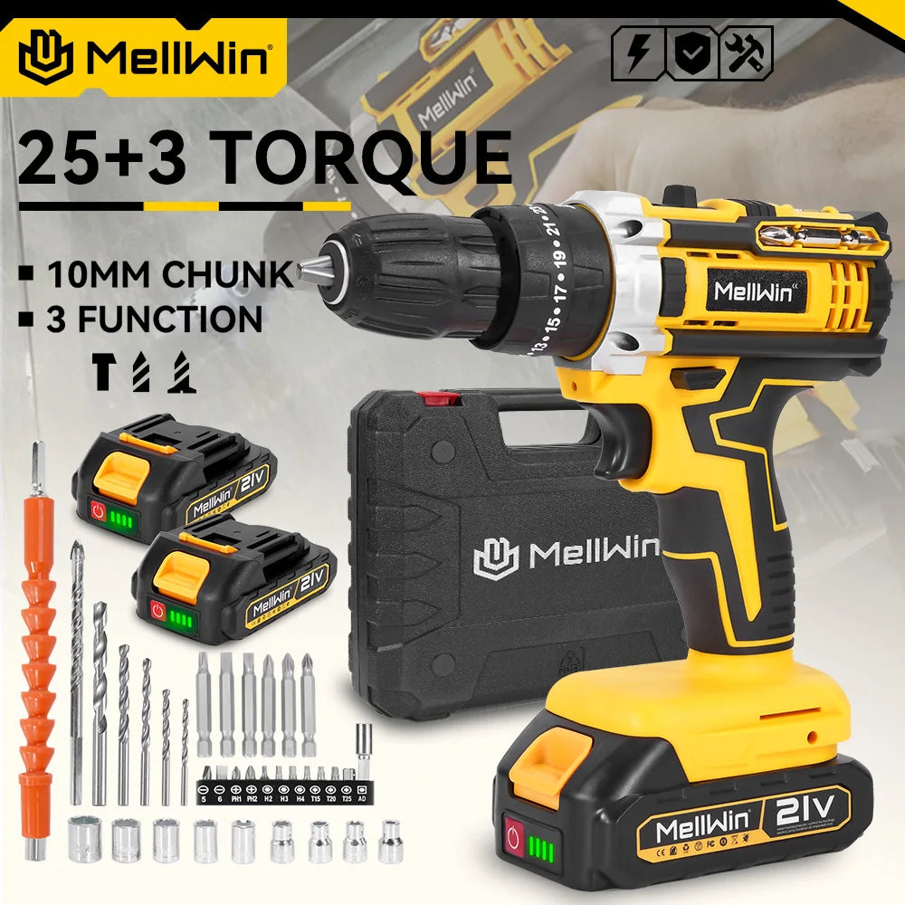 MELLWIN 25+3 Torque Electric Impact Drill 2 Speed Adjustable Cordless Electric Screwdriver Power Tool For Makita 18V Battery Pin - Limetastore