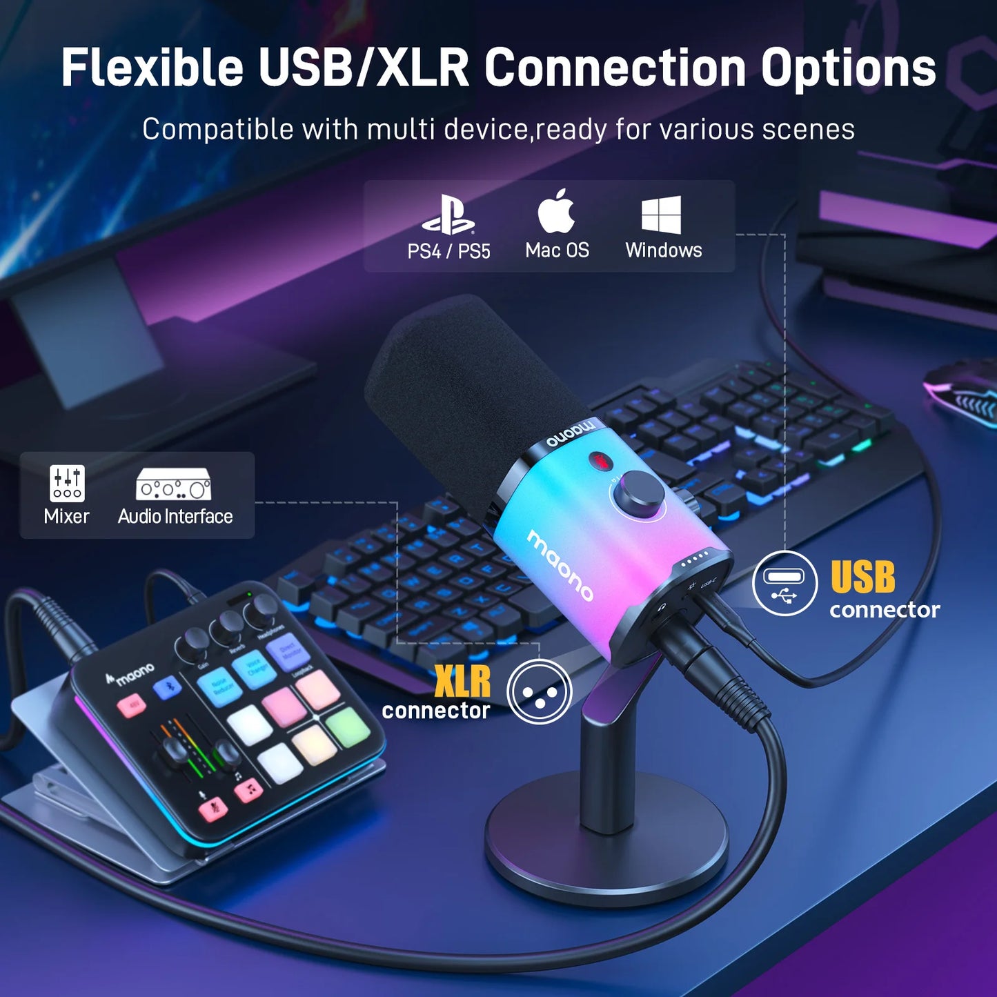 Maono PD100X – USB/XLR Dynamic RGB Gaming Microphone | Noise Reduction, Mute Button & Headphone Monitoring for Streaming & Podcasting