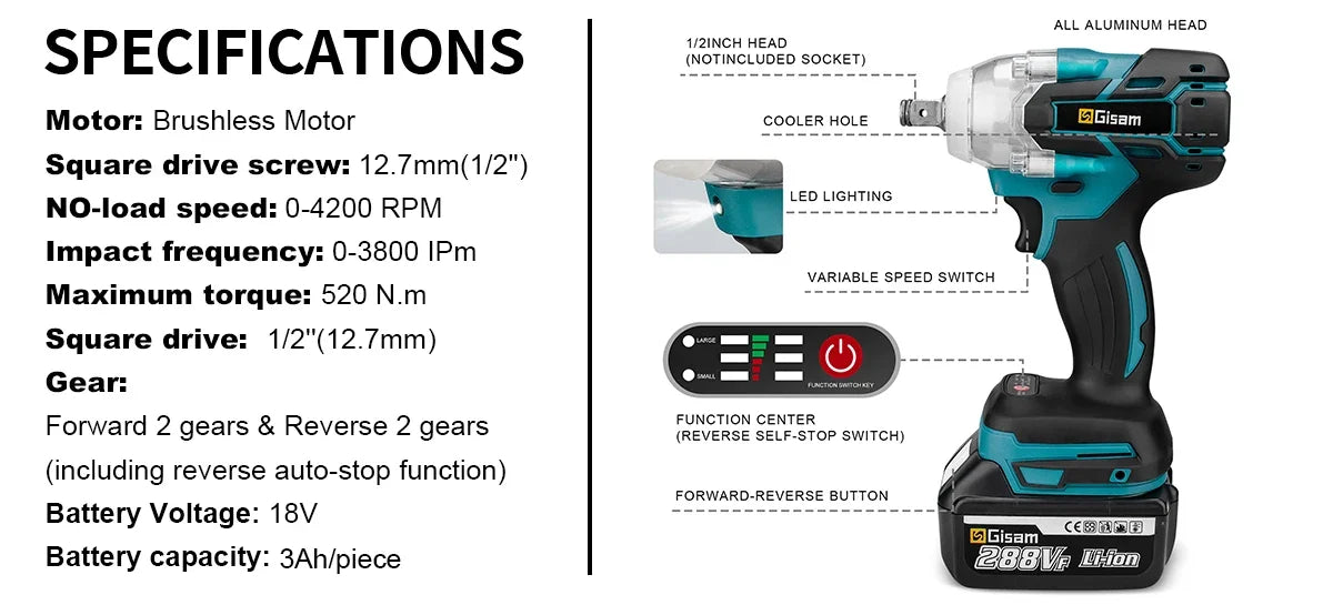 Gisam 520N.m brezkrtačni udarni vijačnik 1/2" za Makita 18V