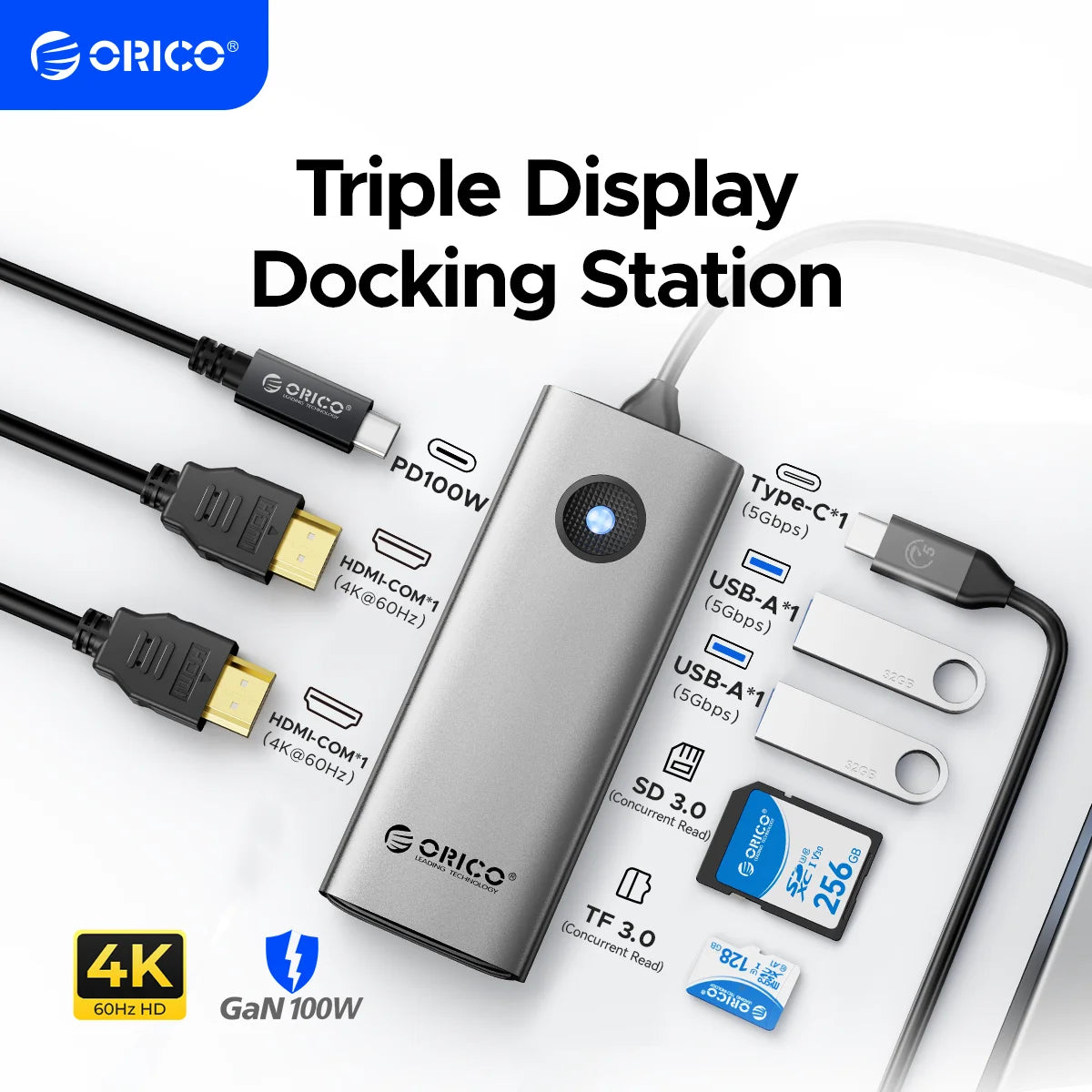 ORICO 8‑in‑1 USB‑C Hub Triple Display Docking Station with Dual HDMI 4K60Hz, USB 3.0 Ports