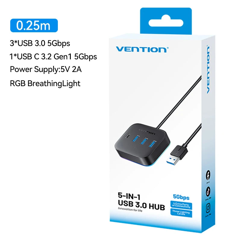 Vention USB 3.0 / USB-C 3.2 Gen1 RGB zvezdišče | 4-portni 5Gbps namizni razdelilnik za PC in prenosnik
