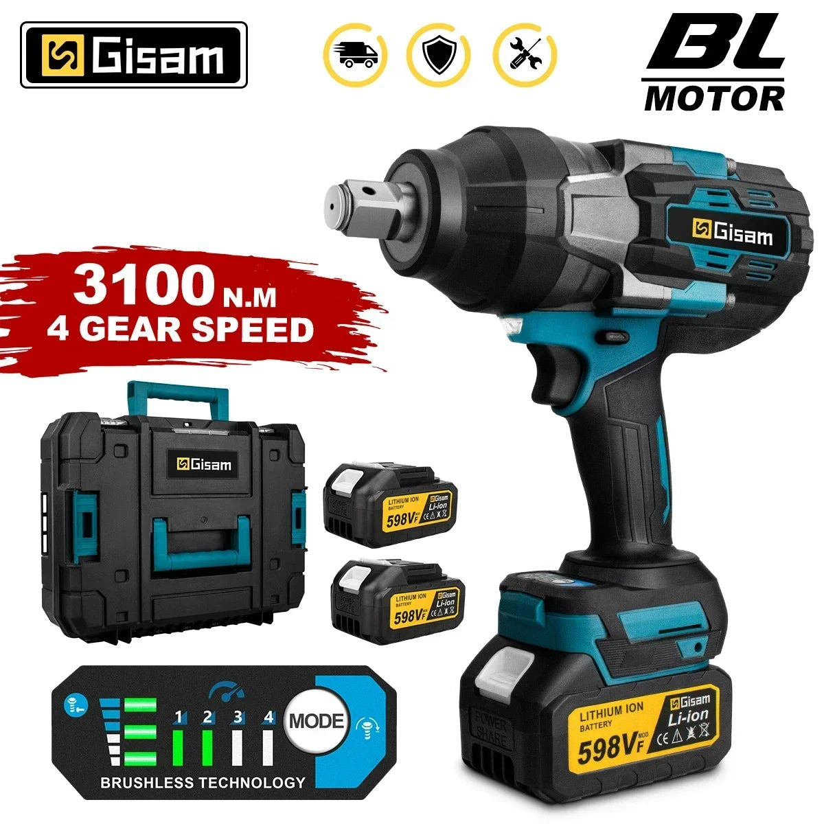 GISAM 3100N.M brezkrtačni električni udarni vijačnik 3/4 palca, akumulatorski vijačnik z navorom, električno orodje za baterijo Makita 18V Pin