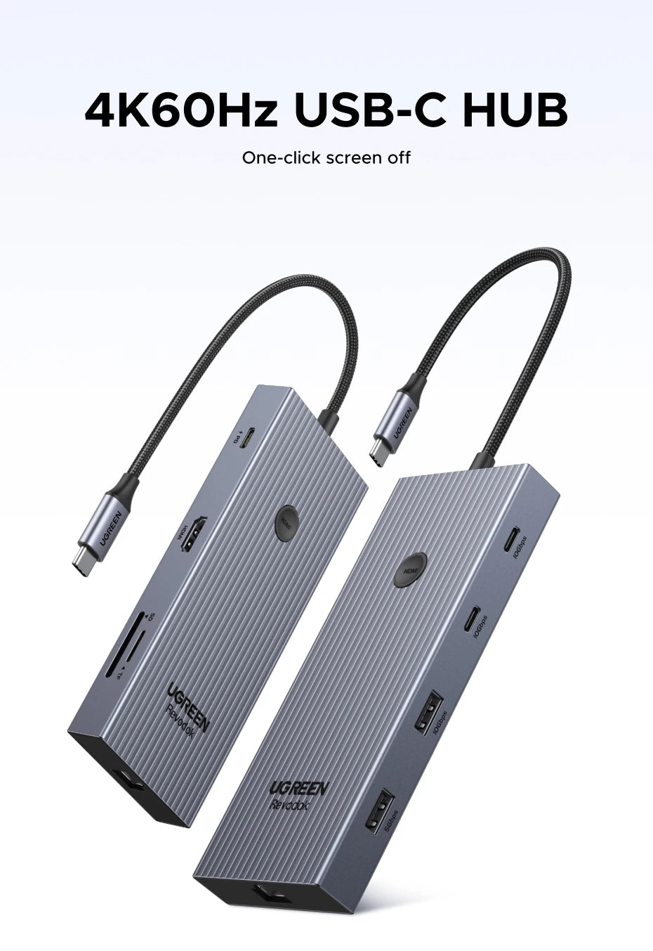 UGREEN 10Gbps USB-C zvezdišče s HDMI 4K60Hz, gigabitnim RJ45, PD100W, SD/TF in USB-A/C priključki