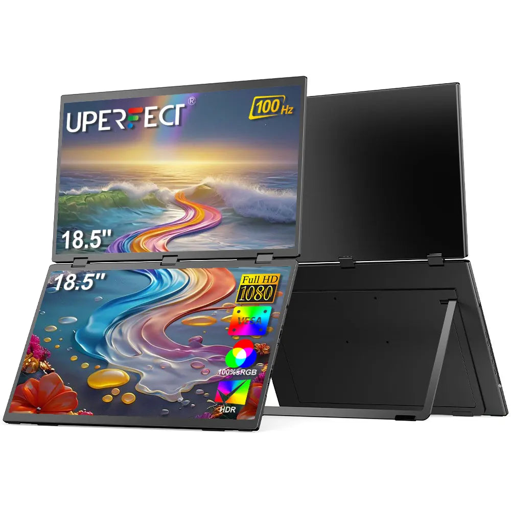 UPERFECT 100Hz Dual Screen Monitor 18.5" Laptop Folding Display w/ USB C Mini HDMI VESA Stand for Mac Phone Desktop - Limetastore
