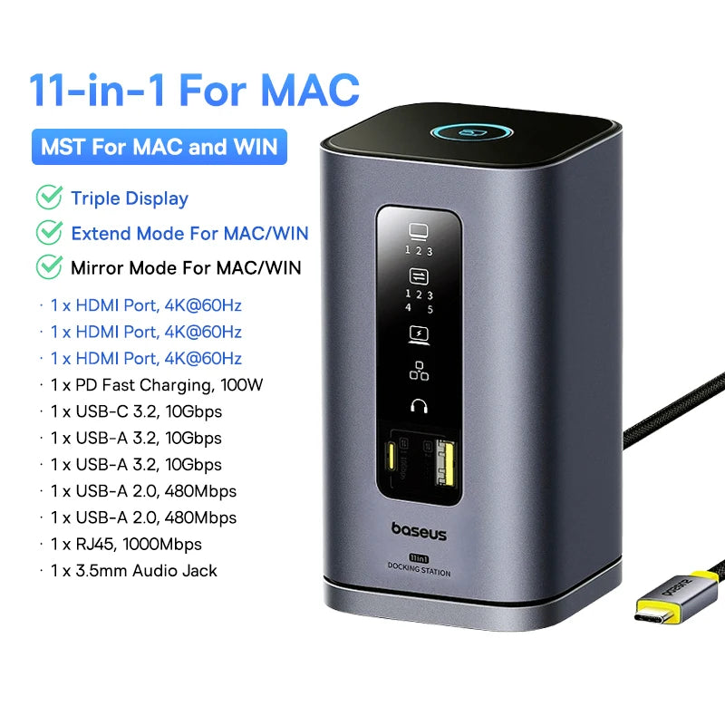 Baseus 11‑in‑1 USB‑C HUB for Mac M3/M2/M1 | HDMI 4K@60Hz, MST Triple Display, PD100W Docking Station