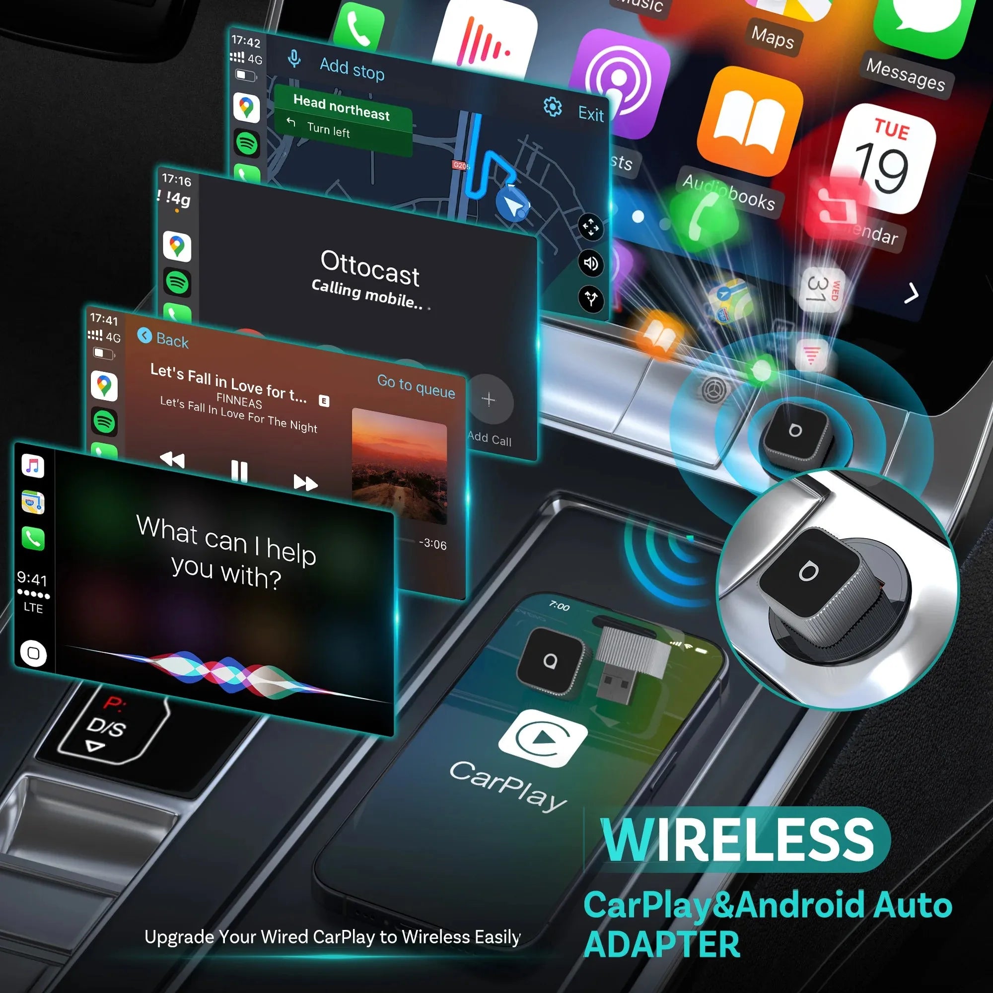 OTTOCAST Mini Slim brezžični CarPlay in Android Auto adapter