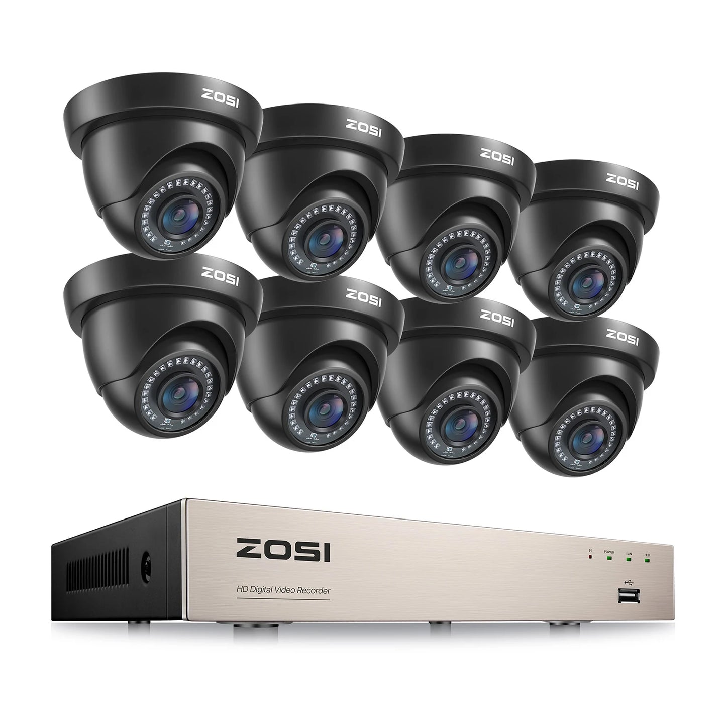 ZOSI 1080p 8-kanalni varnostni sistem CCTV za dom – H.265+ DVR z 2MP notranjimi/zunanji dome kamerami