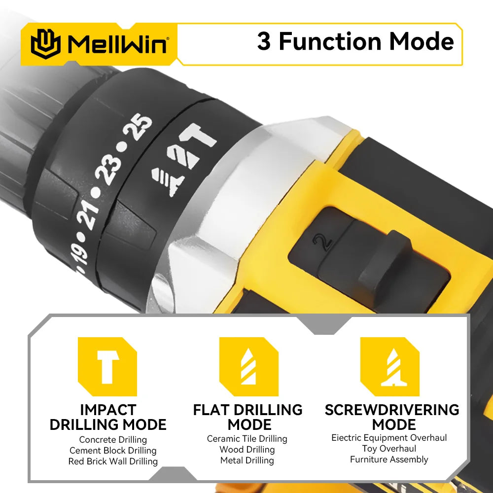 MELLWIN 25+3 Torque Electric Impact Drill 2 Speed Adjustable Cordless Electric Screwdriver Power Tool For Makita 18V Battery Pin - Limetastore