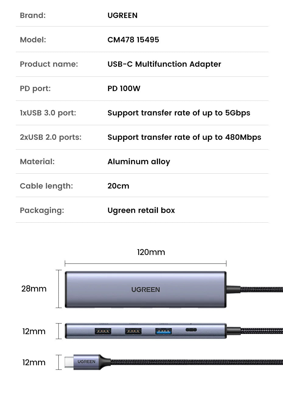 GREEN zvezdišče USB‑C 7‑v‑1 s HDMI 4K, SD/TF, USB‑A 5Gbps, PD100W – Type‑C 3.1