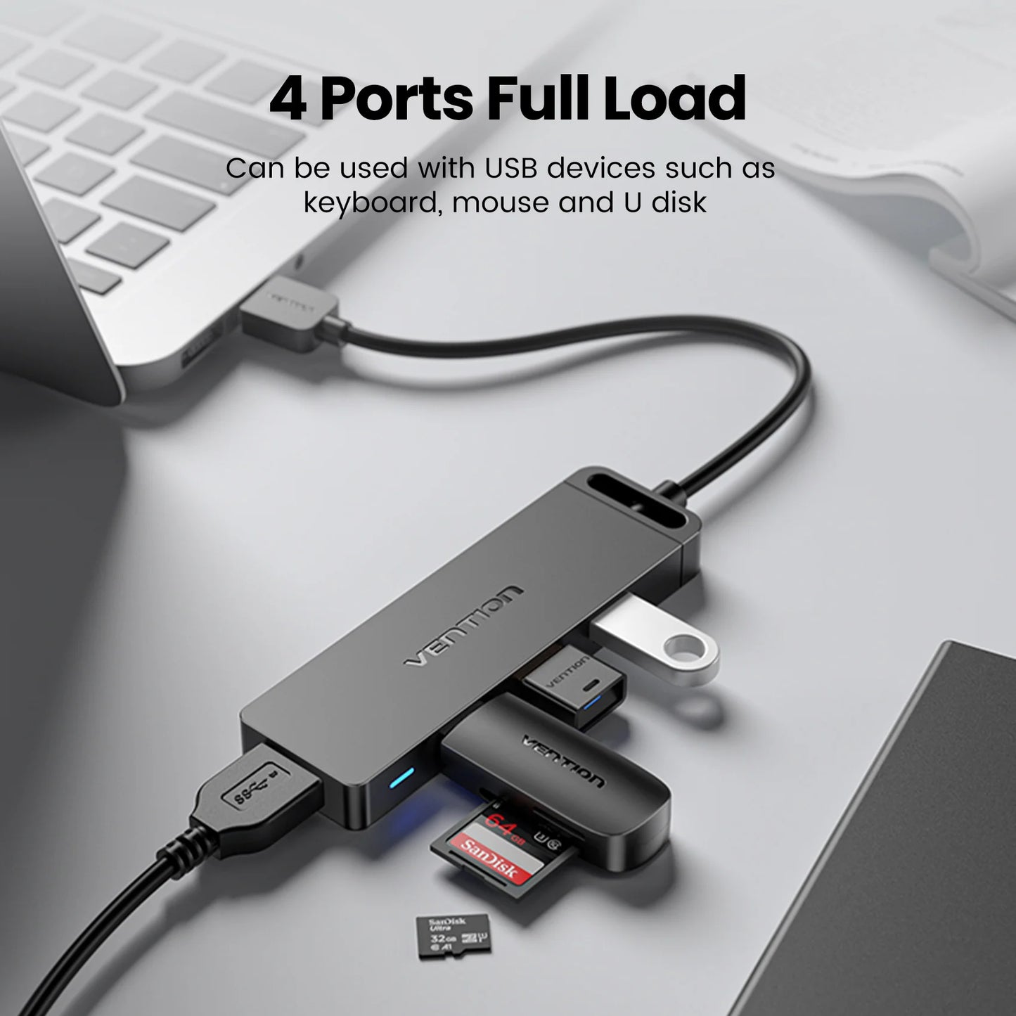 Vention USB 3.0 Hub 4‑Port | 5Gbps High‑Speed Multiport Splitter for Laptop & Desktop