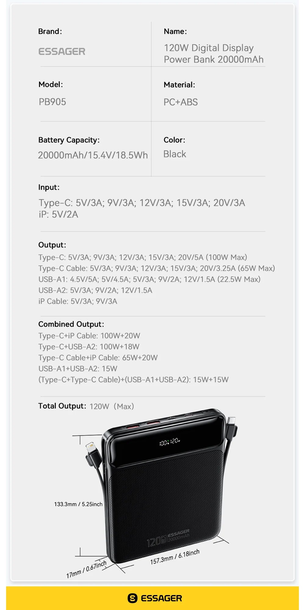 Essager 100W 20000mAh Power Bank – prenosna zunanja baterija s hitrim polnjenjem PD