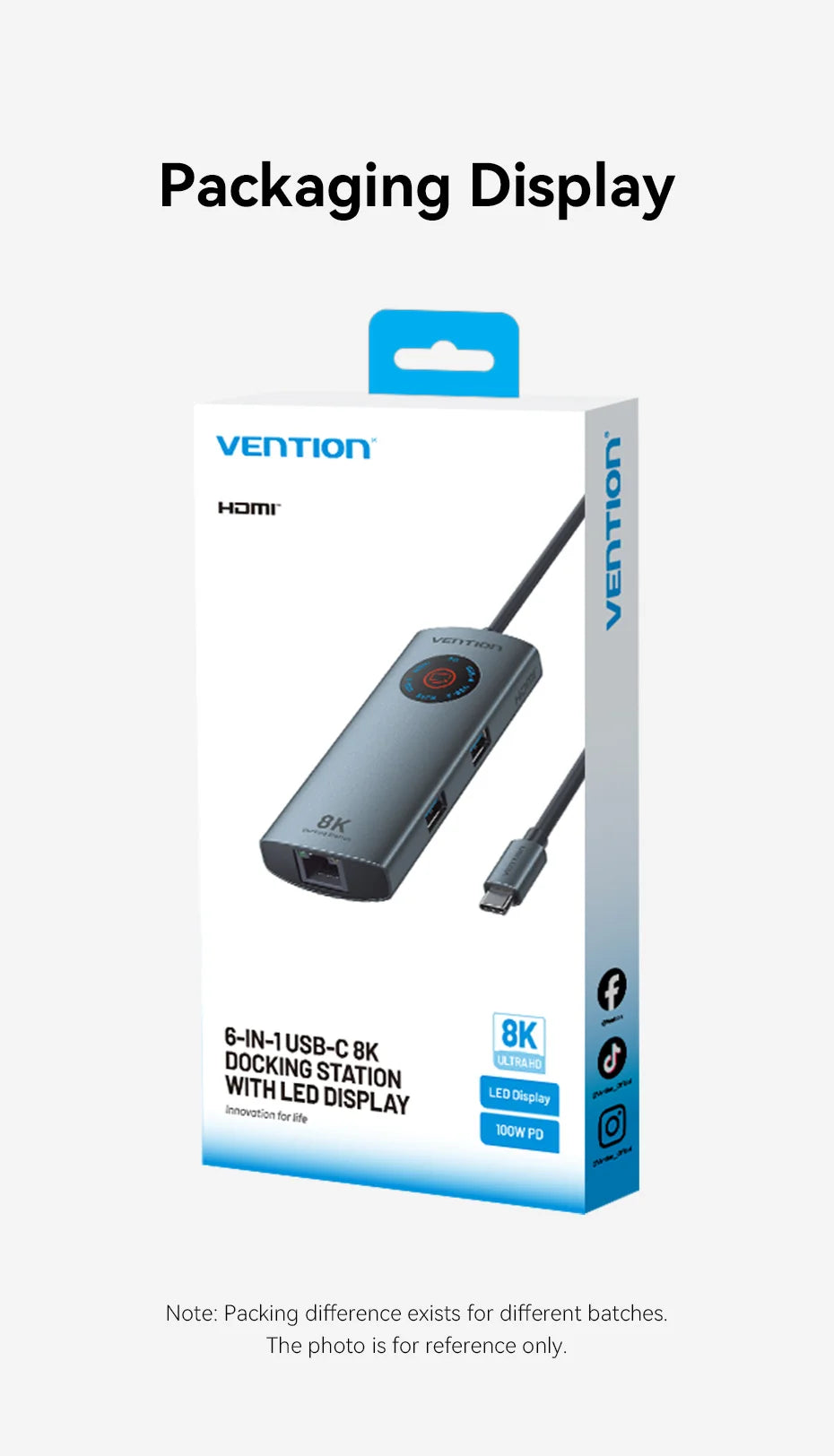 Vention vozlišče USB-C 8K/4K HDMI | LED-zaslon, USB-A/C 3.0, 3.2 Gen1, gigabitni ethernetni adapter