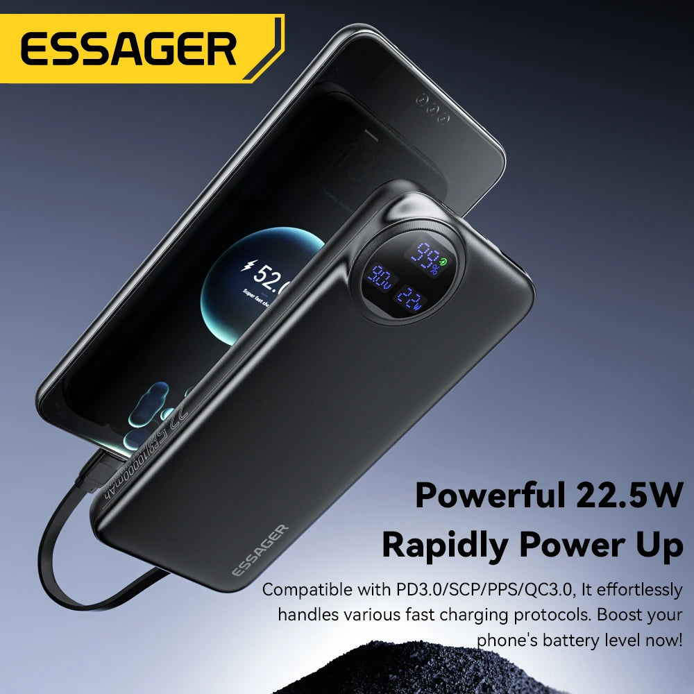 ESSAGER 22.5W prenosna baterija 20000 mAh z dvema vgrajenima kabloma