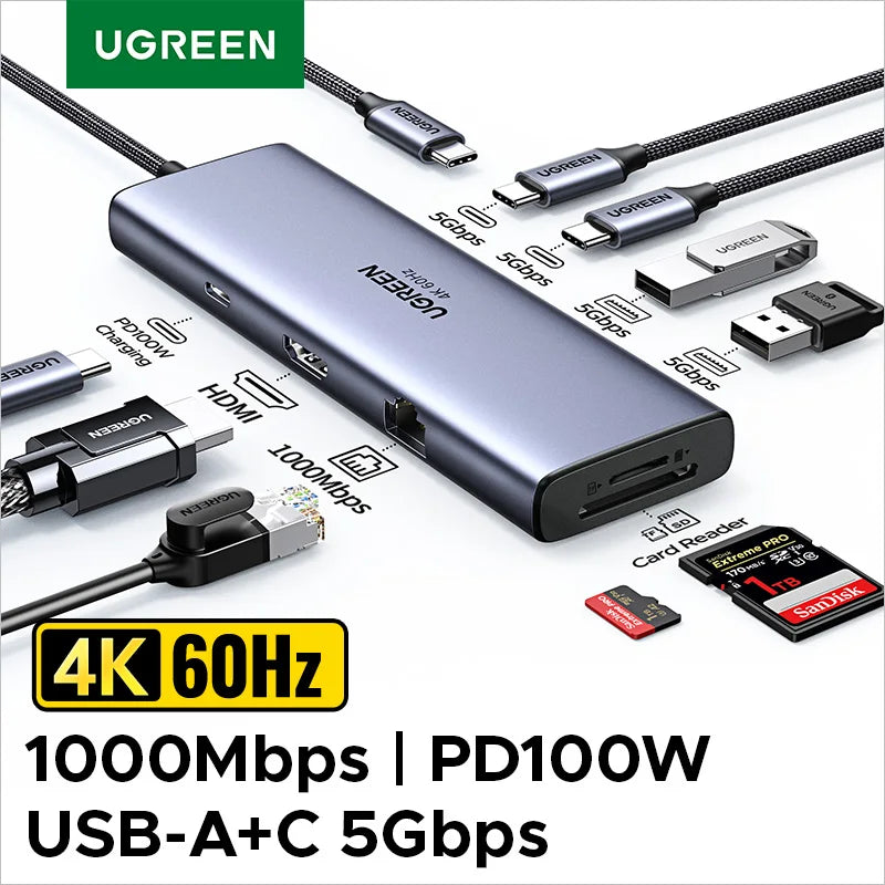 UGREEN 8-v-1 zvezdišče USB-C s 4K60Hz HDMI, gigabitnim Ethernetom, SD/TF, USB-A in USB-C