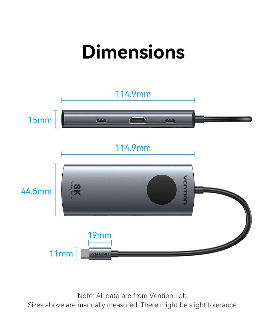 Vention vozlišče USB-C 8K/4K HDMI | LED-zaslon, USB-A/C 3.0, 3.2 Gen1, gigabitni ethernetni adapter