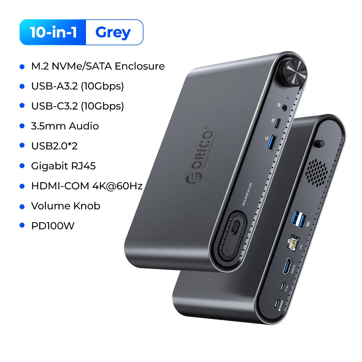ORICO 10-v-1 USB-C priklopna postaja z ohišjem za M.2 NVMe/SATA SSD, 4K60Hz HDMI, PD100W