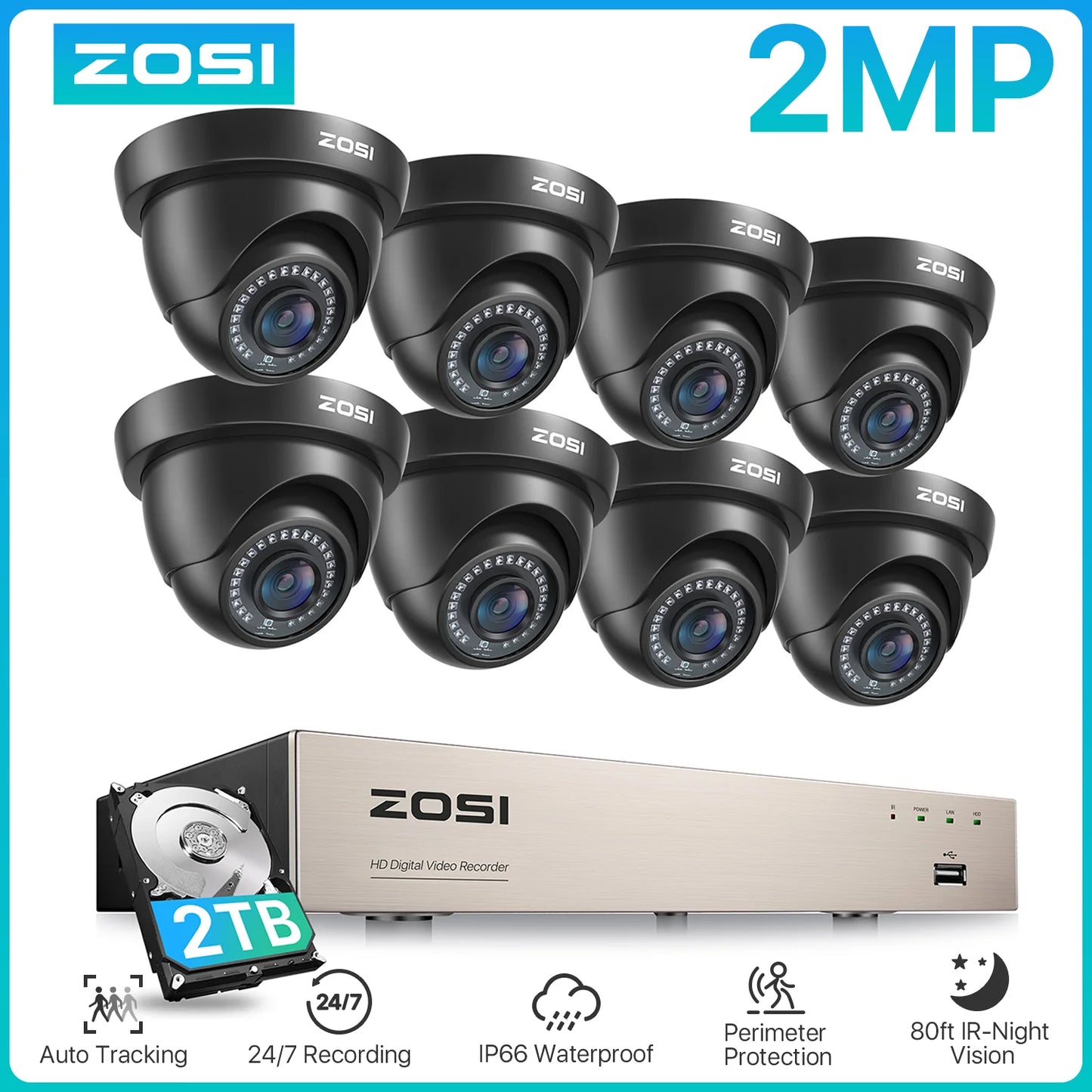 ZOSI 1080p 8-kanalni varnostni sistem CCTV za dom – H.265+ DVR z 2MP notranjimi/zunanji dome kamerami
