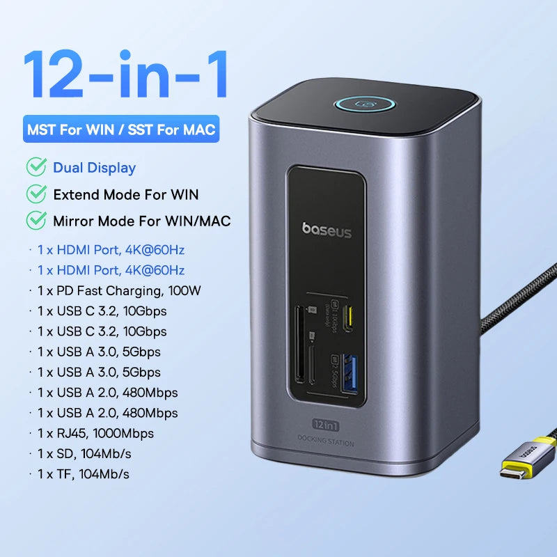 Baseus 11‑v‑1 zvezdišče USB‑C | HDMI + DP 4K@60Hz MST trojni zaslon, USB 3.2, RJ45, PD100W, magnetna priklopna postaja